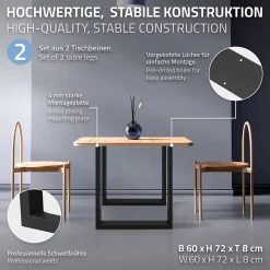 Lot de 2 pieds de table ECD Germany forme rectangulaire 60x72 cm noir acier revêtu par poudre