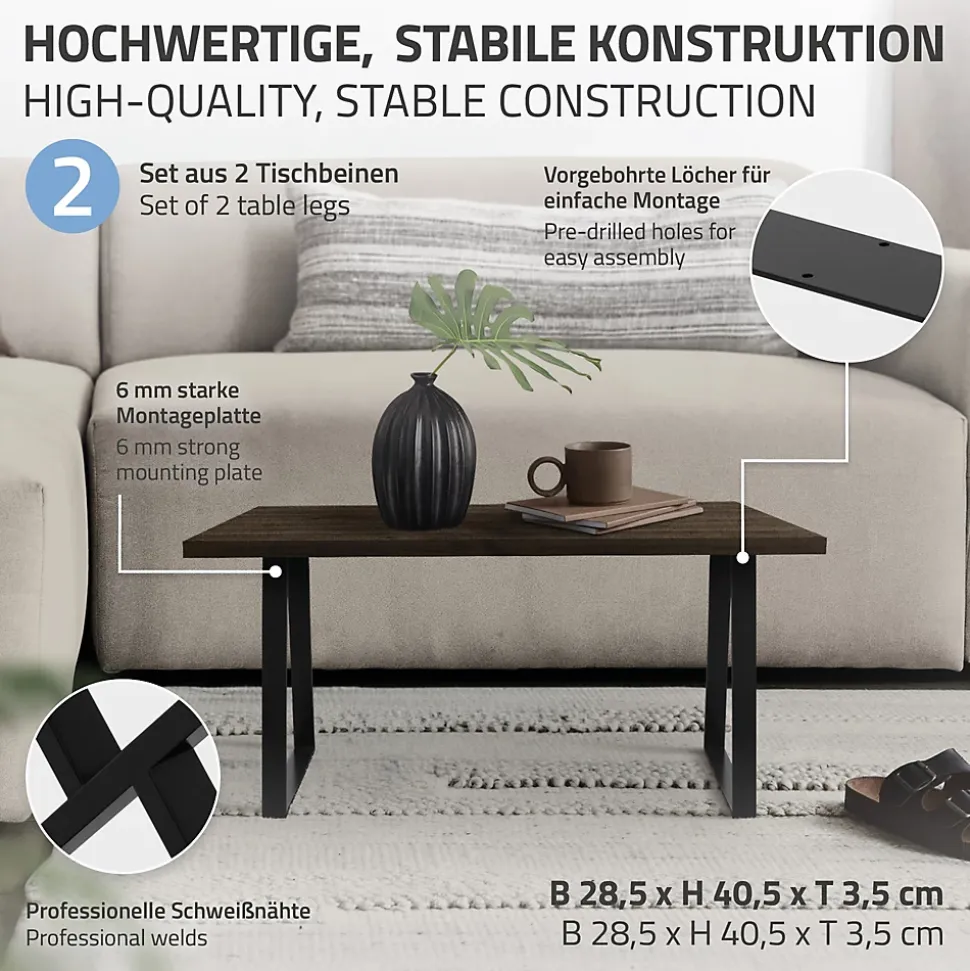 Lot de 2 pieds de table ML-Design forme trapèze 28,5x40,5 cm noir acier revêtu par poudre robuste