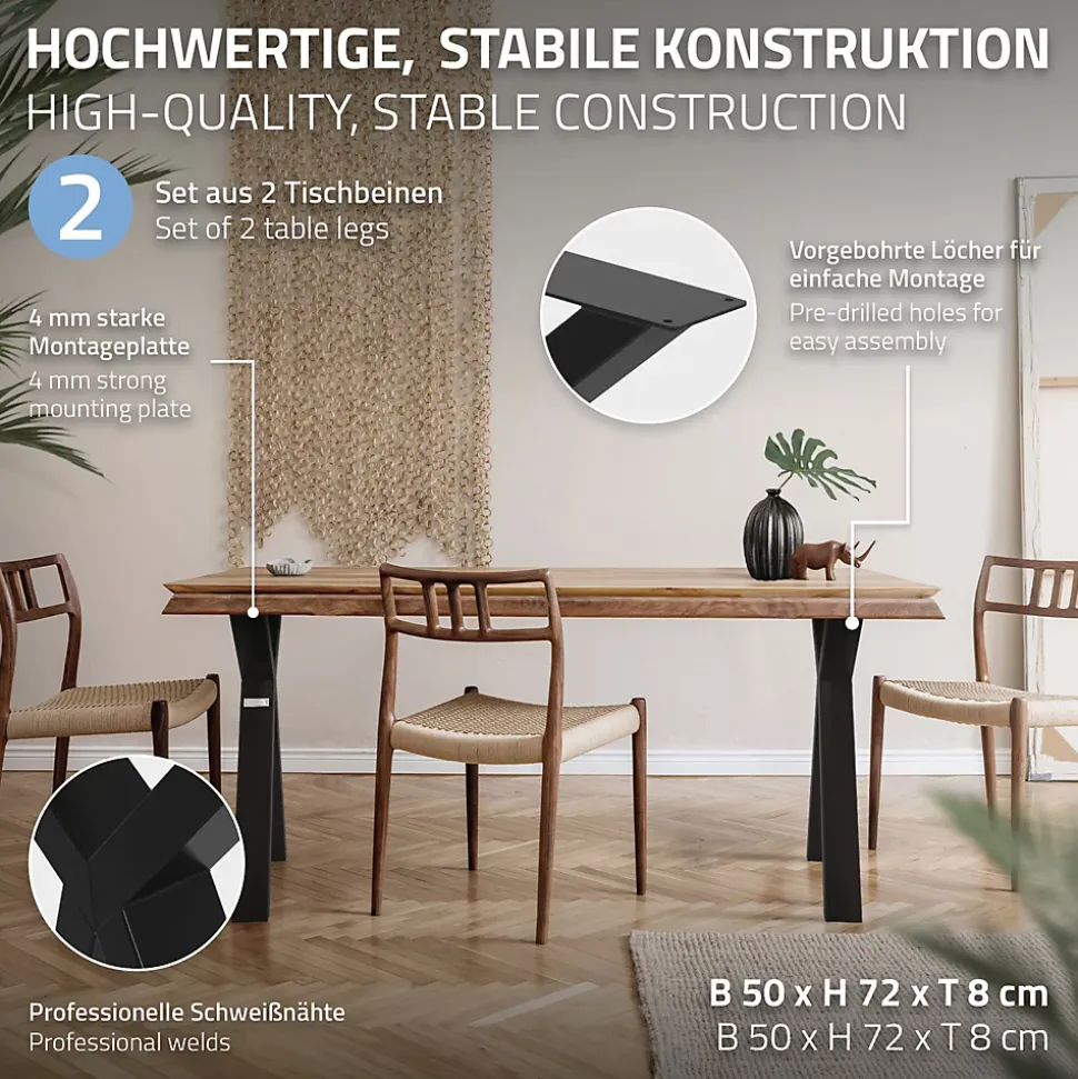 Lot de 2 pieds de table ML-Design forme de X 50x72 cm noir acier revêtu poudre design industriel