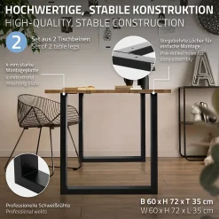 Lot de 2 pieds de table ML-Design forme de U 70x74 cm noir acier revêtu poudre design industriel