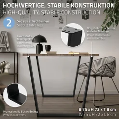 Lot de 2 pieds de table ML-Design forme trapèze 55/75x72 cm noir acier revêtu par poudre robuste