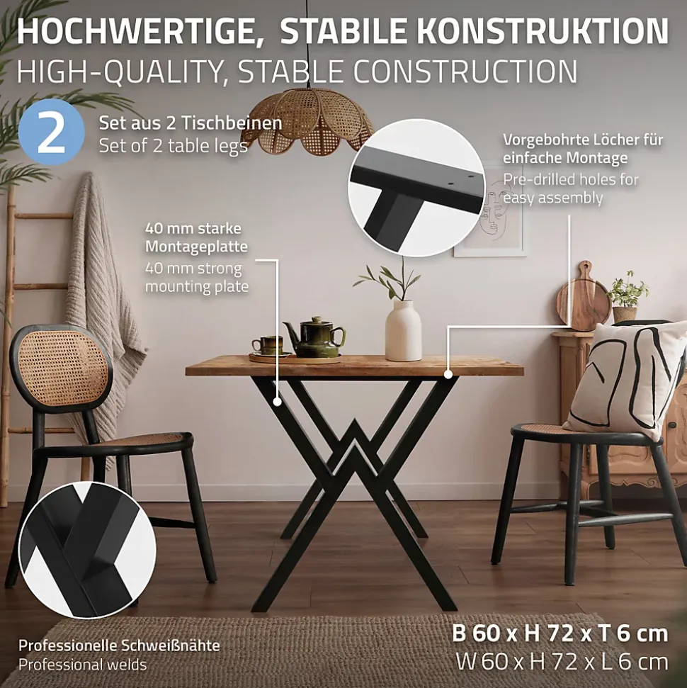 Lot de 2 pieds de table ML-Design forme de X 60x72 cm noir acier revêtu poudre design industriel