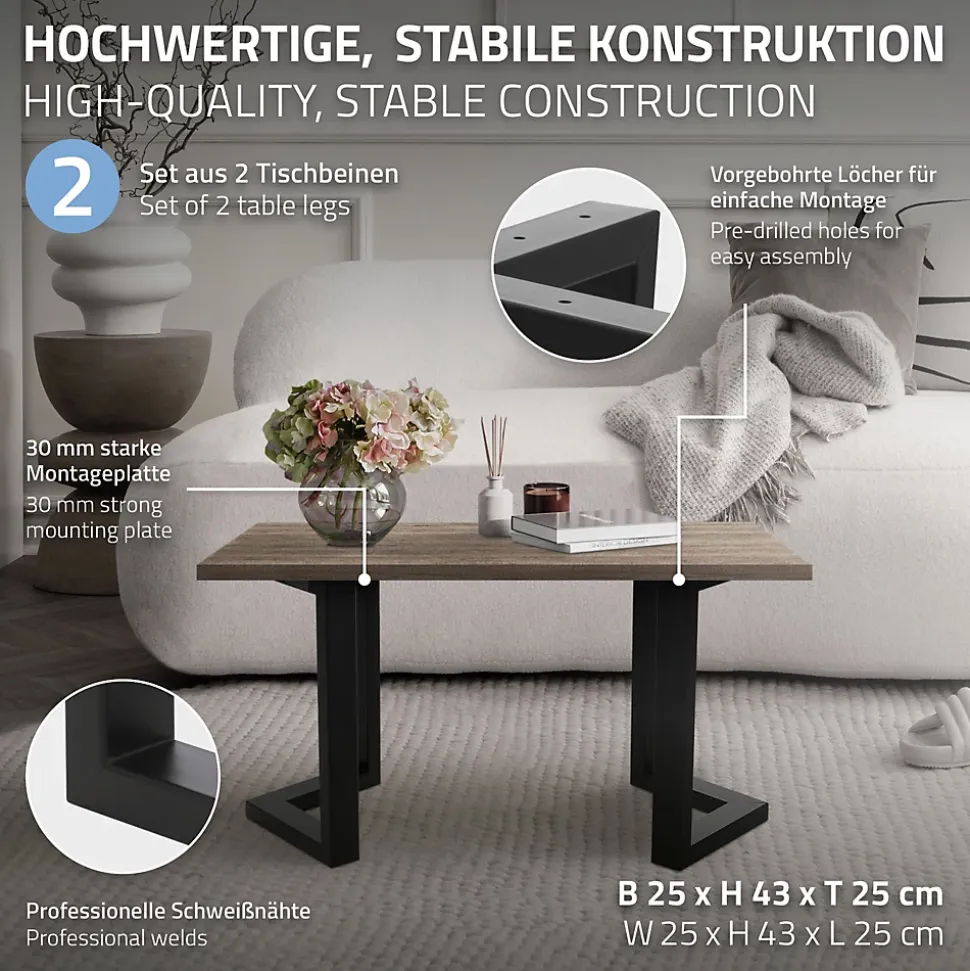 Lot de 2 pieds de table ML-Design forme de V 25x43 cm noir acier revêtu poudre design industriel