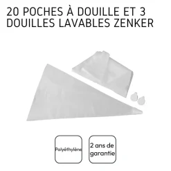 Lot de 20 poches à douille jetables et 3 embouts plastique réemployables 32 cm Zenker Smart Pastry