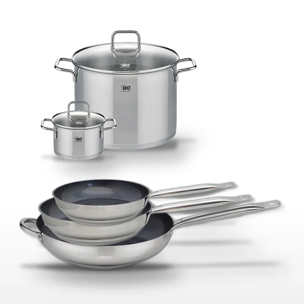 Lot de 3 Poêles 24/28/32 cm Elo Profi Therm Platinum et 2 Faitouts Elo Citrin
