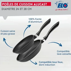 Lot de 2 poêles 24 cm et 28 cm sans PFAS Elo Alucast