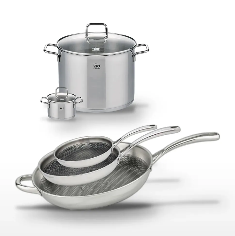 Lot de 3 Poêles 24/28/32cm & 2 Faitouts 12/26cm Elo Relief Evolution