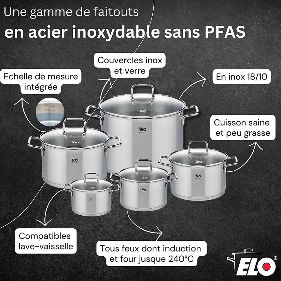 Lot de 2 Poêles 32cm & 24cm et 2 Faitouts 26cm & 20cm Elo Relief Solution