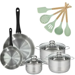 Lot de 2 Poêles 20/28cm et 3 Faitouts 16/20/24cm Fackelmann Généva avec 5 ustensiles Ocean