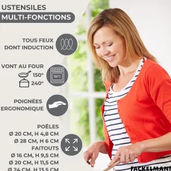 Lot de 2 Poêles 20/28cm et 3 Faitouts 16/20/24cm Fackelmann Généva avec 5 ustensiles Ocean
