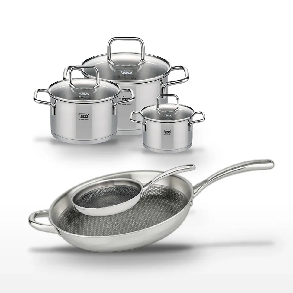 Lot de 2 Poêles 24/32cm et 3 Faitouts 12/16/20cm Elo Relief Evolution