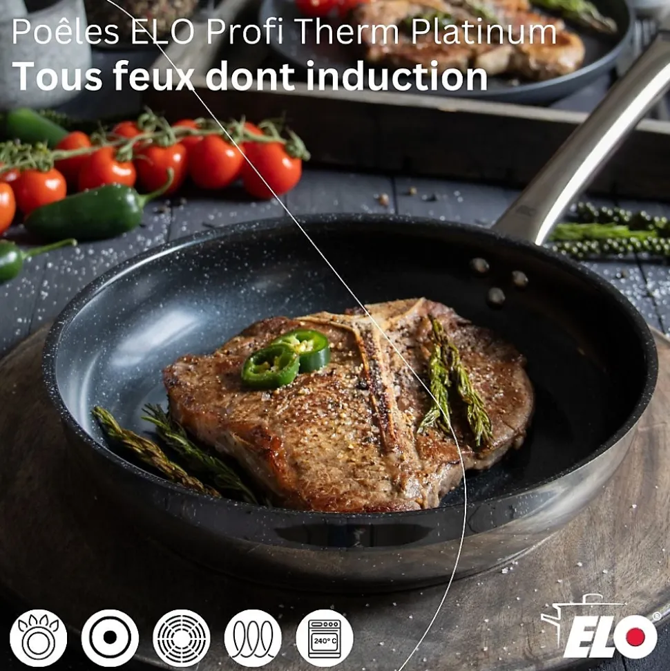 Lot de 3 Poêles céramique 24/28/32 cm Elo Profi Therm Platinum et 2 Faitouts Elo Brillant