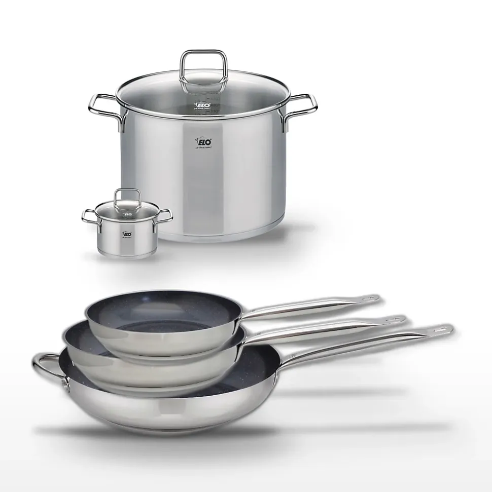 Lot de 3 Poêles céramique 24/28/32cm Elo Profi Therm Platinum et 2 Faitouts Elo Citrin