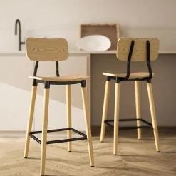 Lot De 2 Tabourets De Bar Ergonomiques - Dossier Et Repose-pieds, Acier - Style Naturel