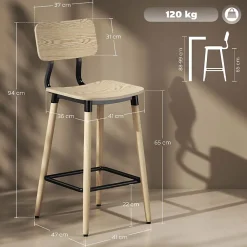 Lot De 2 Tabourets De Bar Ergonomiques - Dossier Et Repose-pieds, Acier - Style Naturel