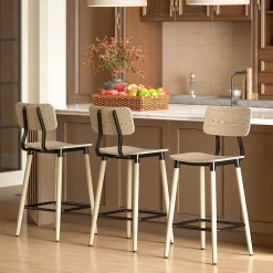 Lot De 2 Tabourets De Bar Ergonomiques - Dossier Et Repose-pieds, Acier - Style Naturel