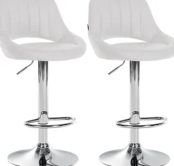 Lot de 2 tabourets de bar Milet similicuir, Chaise de bar pivotante avec repose-pieds et dossier Métalchromé/Blanc