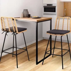 Lot de 2 tabourets de bar SUMMER effet rotin pied métal noir