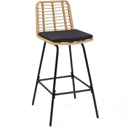 Lot de 2 tabourets de bar SUMMER effet rotin pied métal noir