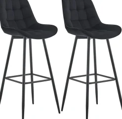 Lot de 2 tabourets de bar Dartford, Chaise de bar rembourrée, Structure métallique Noir/Velours