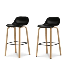 Lot de 2 tabourets de bar noirs style scandinave avec pieds effet bois en métal Hauteur 66cm