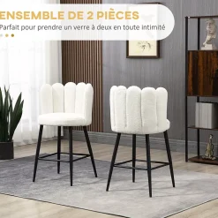 Lot de 2 tabourets de bar design contemporain - repose-pied - acier noir revêtement effet laine bouclée blanc