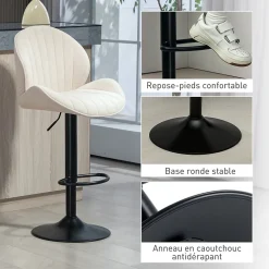 Lot de 2 tabourets de bar design coquillage pivotants réglables acier noir tissu chenille beige