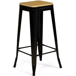 Lot de 4 tabourets de bar LENY métal noir mat assise bois empilable aspect brut factory
