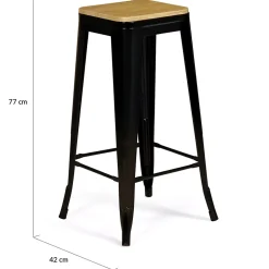 Lot de 4 tabourets de bar LENY métal noir mat assise bois empilable aspect brut factory