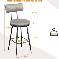 Lot de 4 tabourets de bar cuir PU gris, chaise moderne avec siège confortable et base métal, pour cuisine salle à manger comptoir