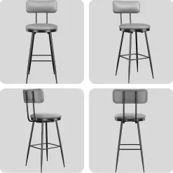 Lot de 4 tabourets de bar cuir PU gris, chaise moderne avec siège confortable et base métal, pour cuisine salle à manger comptoir