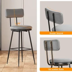 Lot de 4 tabourets de bar cuir PU gris, chaise moderne avec siège confortable et base métal, pour cuisine salle à manger comptoir
