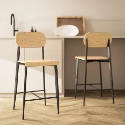 Lot de 2 tabourets de bar chaises de bar design structure acier noir assise dossier effet bois clair
