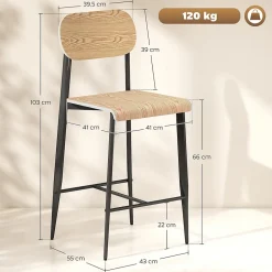 Lot de 2 tabourets de bar chaises de bar design structure acier noir assise dossier effet bois clair