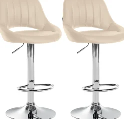 Lot de 2 tabourets de bar Milet similicuir, Chaise de bar pivotante avec repose-pieds et dossier Métalchromé/Crème