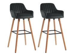 Lot de 2 tabourets de bar en velours et pieds bois de hêtre - Noir - ELEANA