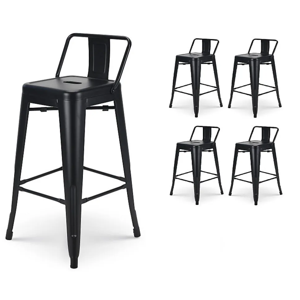 Lot de 4 tabourets de bar en métal noir mat style industriel Avec dossier Hauteur 66cm
