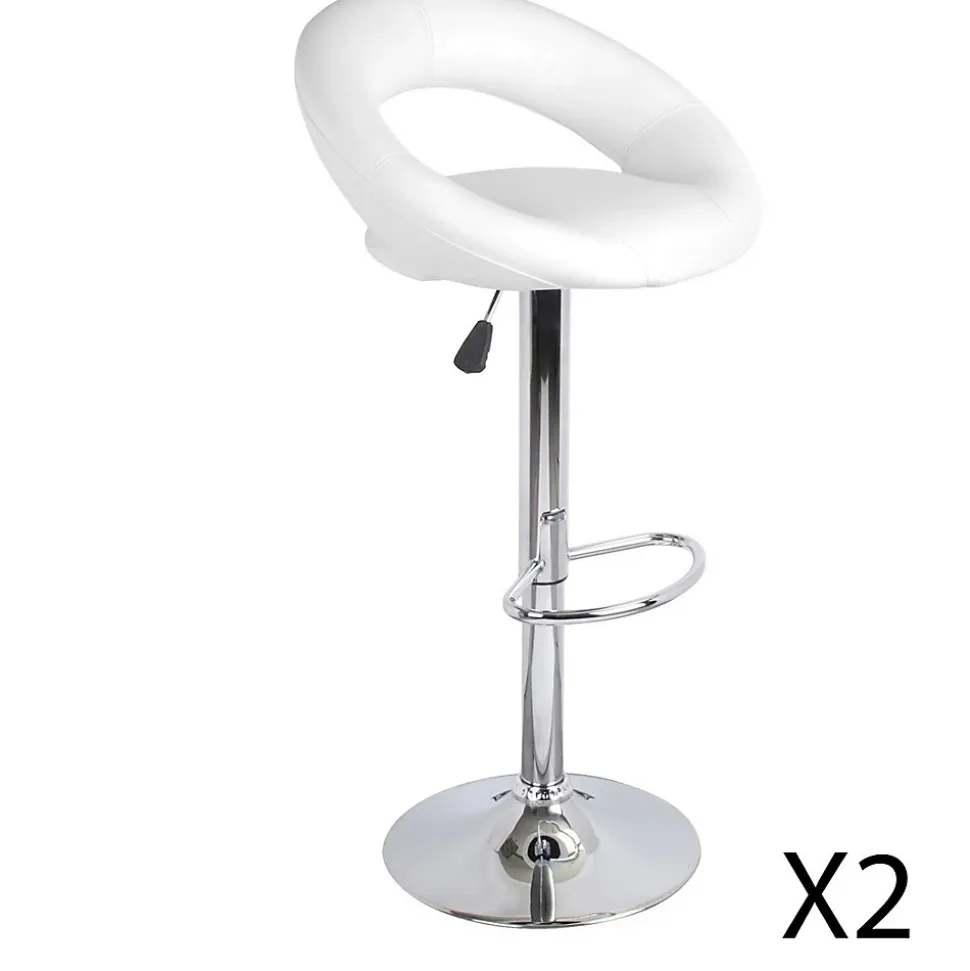 Lot de 2 tabourets de bar réglables en hauteur 77-97 cm Assise simili cuir PU blanc, pied en métal gris, diamètre 40 cm