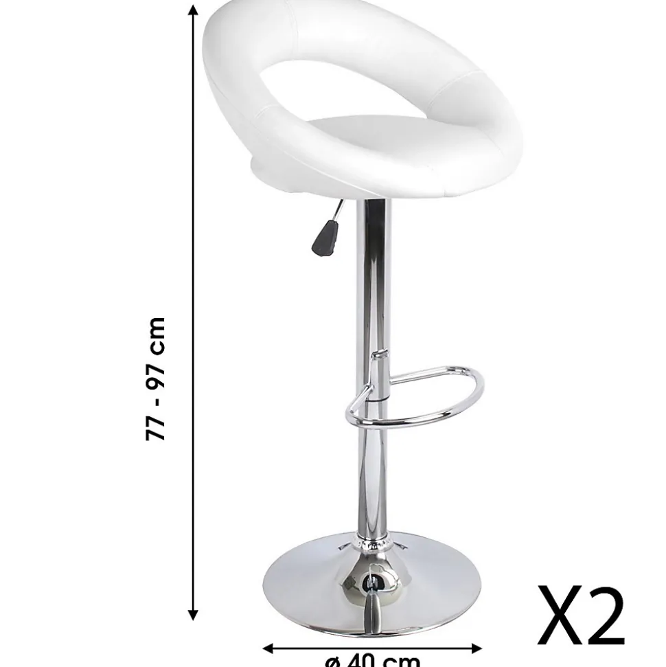 Lot de 2 tabourets de bar réglables en hauteur 77-97 cm Assise simili cuir PU blanc, pied en métal gris, diamètre 40 cm