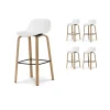 Lot de 4 tabourets de bar blancs style scandinave avec pieds effet bois en métal Hauteur 76cm