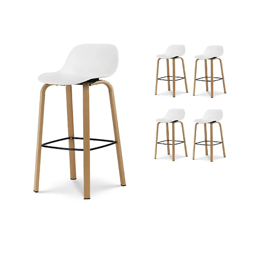 Lot de 4 tabourets de bar blancs style scandinave avec pieds effet bois en métal Hauteur 76cm