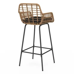Lot de 2 tabourets de bar SUMMER effet rotin beige pied metal noir avec accoudoirs