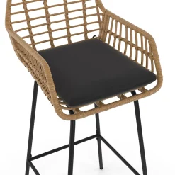 Lot de 2 tabourets de bar SUMMER effet rotin beige pied metal noir avec accoudoirs