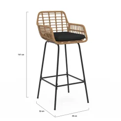 Lot de 2 tabourets de bar SUMMER effet rotin beige pied metal noir avec accoudoirs