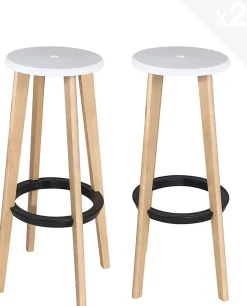 Lot de 2 tabourets de cuisine bar scandinaves ronds hauteur 76cm bois clair kibi (blanc)