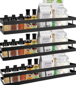 Lot de 3 étagères à épices murales Sans perçage Noir