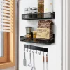 Lot de 2 étagères à épices pour réfrigérateur, organiseur de cuisine, autocollant, sans perçage, avec 8 crochets, noir