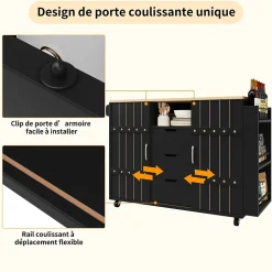 Îlot de Cuisine - avec Plan de Travail, Tiroirs et Portes Coulissantes, Étagère à Épices, Porte-Serviettes, Noir 110x42x90 cm