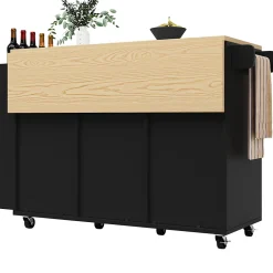 Îlot de Cuisine - avec Plan de Travail, Tiroirs et Portes Coulissantes, Étagère à Épices, Porte-Serviettes, Noir 110x42x90 cm