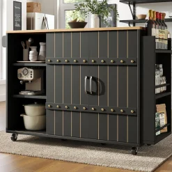 Îlot de Cuisine - avec Plan de Travail, Tiroirs et Portes Coulissantes, Étagère à Épices, Porte-Serviettes, Noir 110x42x90 cm